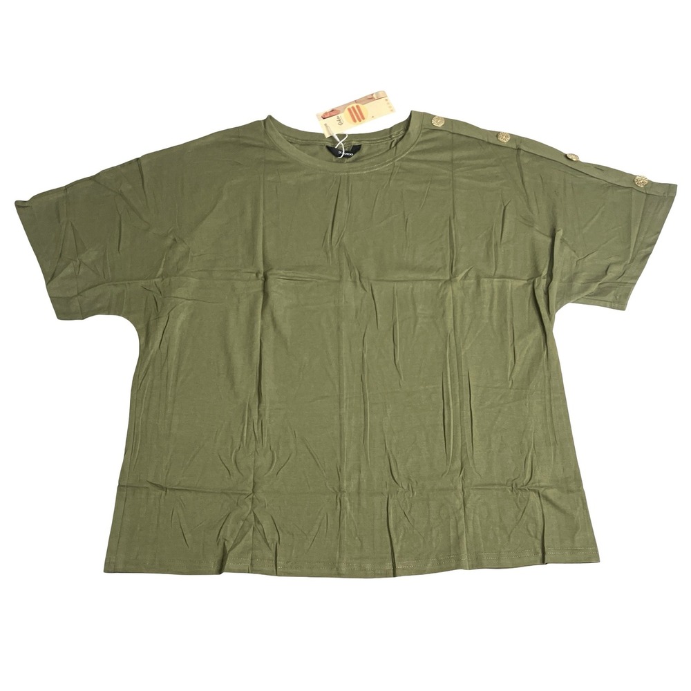 Dokotoo Oversized T-Shirt Top Womens XL Green Gold Button Shoulder Detail Casual